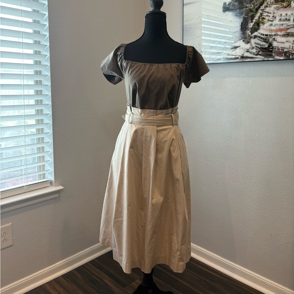 New York & Company Dresses & Skirts - NY&C Eva Mendes Pleated Beige and Brown Midi Dress (XS)